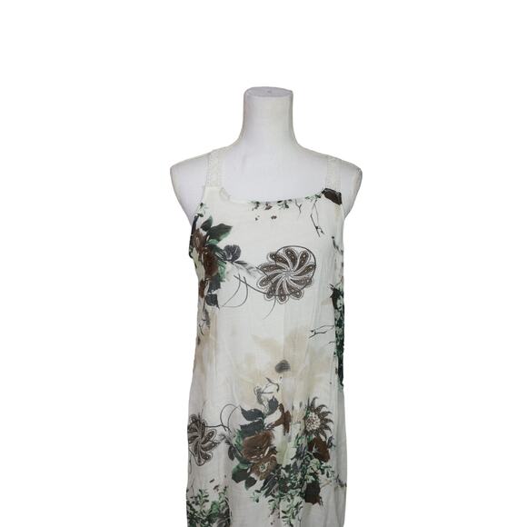 Izuria Linen Midi Dress Floral‎ size XL White Green Tan Midi Lined Sleeveless - Picture 4 of 9